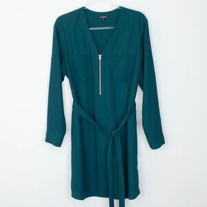 Express Green Shirt Dress Zipper‎ Belted Long Sleeve Size L Roll Tab Sleeve Work